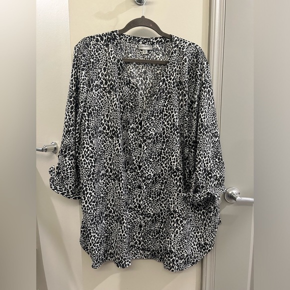 Catherine’s Button Down Top Women’s 3X Cheetah Print Black White 3/4 Sleeve - Picture 1 of 13